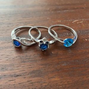 3 Silver Rings with Blue Crystals